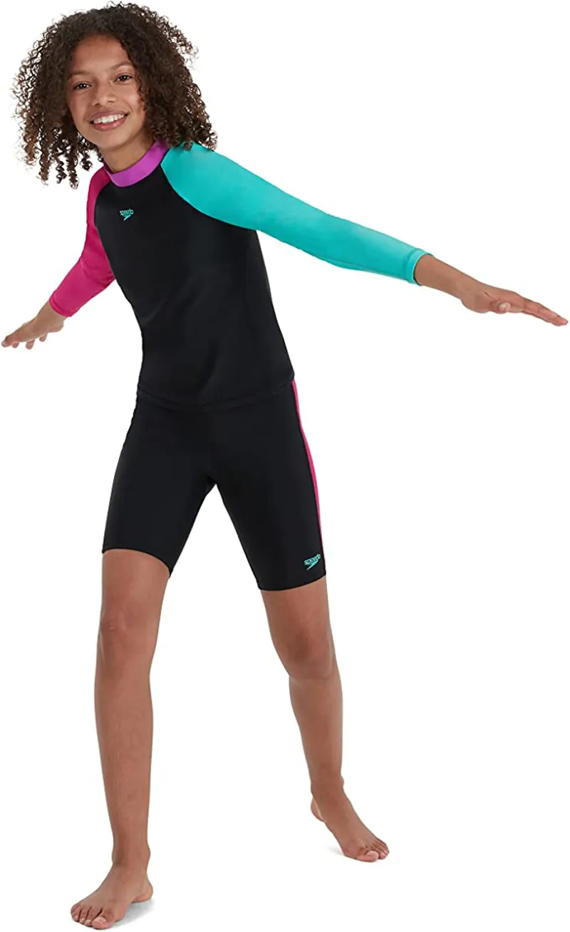 Speedo Rash Top and Jammer Girls Swimwear Black/Fuchsia/Green-1
